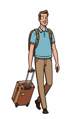 Illustration of Smiling Man Traveler with Suitcase and Backpack