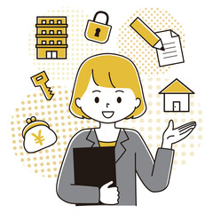 案内するスーツ姿の女性のイラスト　不動産　アンケート　鍵