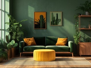 Modern living room with green walls, plants, and a yellow ottoman