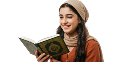 Illustration of Smiling Young Woman Reading the Holy Quran in Beige Hijab