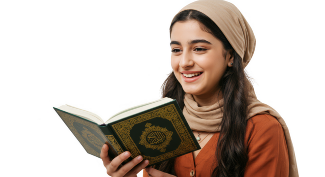 Illustration of Smiling Young Woman Reading the Holy Quran in Beige Hijab