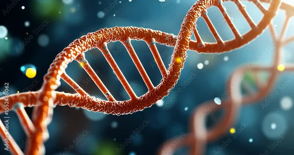 Poster close-up of a dna double helix model with vibrant red and blue colors creating depth and highlightin