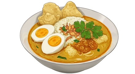 Illustration of Soto Ayam Bowl with Rice and Egg Traditional Dish