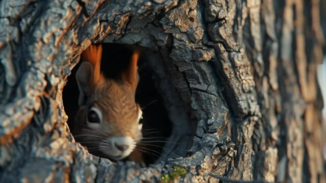 The squirrel is peeking through a hole in the tree