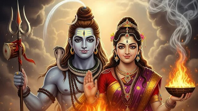 Divine Duo: Shiva and Parvati, Hindu Gods in Radiant Digital Art