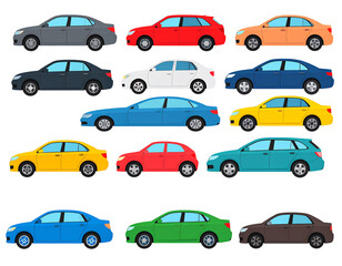 A collection of twelve sedans in various colors