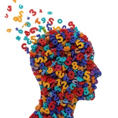 Head silhouette filled with colorful numbers isolated on white background. use cases: education and mathematics.