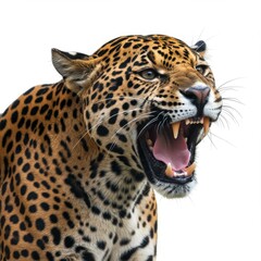 Obraz premium Roaring jaguar isolated on white background for wildlife and nature projects.