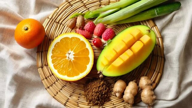 Vibrant Tropical Fruit & Spice Still Life on Woven Mat