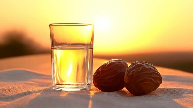 Sunset Still Life: Water Glass and Dried Fruits on Sandy Surface