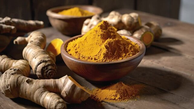 Golden Turmeric Powder and Fresh Roots on Rustic Wood
