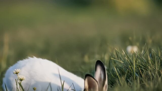 White hare with brown markings sits in a field of green grass