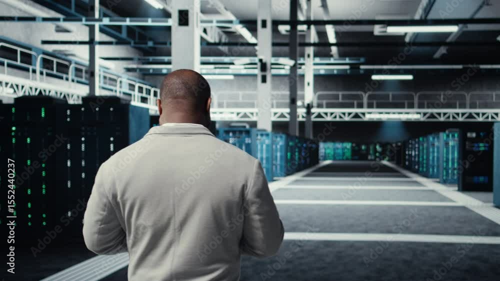 Aufkleber admin walking in high tech data center facility, checking equipment for system stability. it special