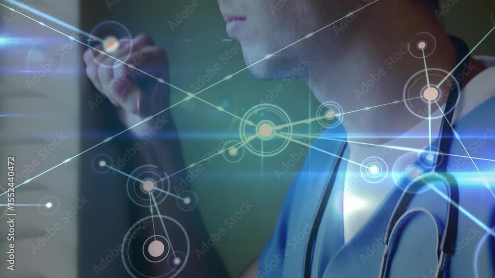 Aufkleber doctor with stethoscope adjusting blinds on circle floating while network interface animating