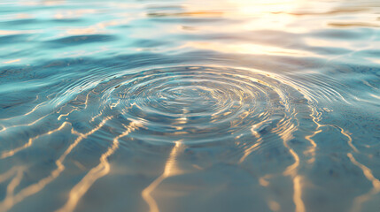 Water's surface ripples with gentle concentric waves, illuminated by soft, golden sunlight reflections.