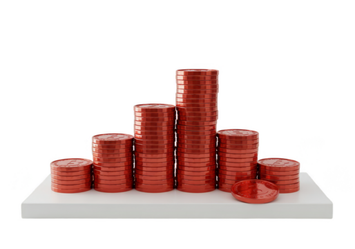 Isolated Background of Red Coins Stacked on White Surface in 3D Render