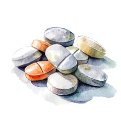 Travel Sickness Tablets, watercolor drawing vector, isolated on a white background.