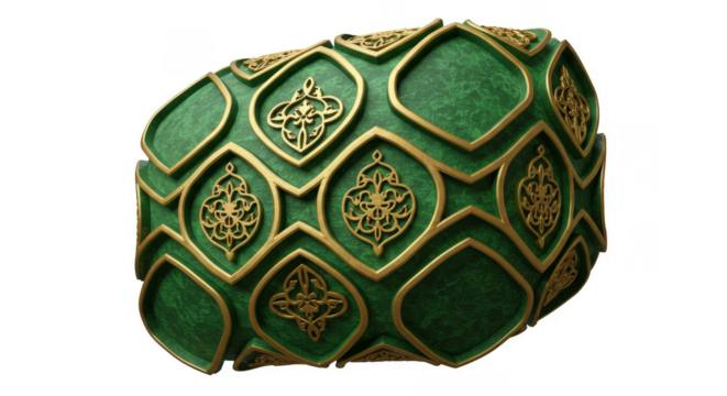 Isolated 3D Rendered Object with Green Surface and Golden Ornaments