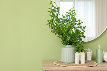 Vase with green branches and cosmetics in interior of bathroom