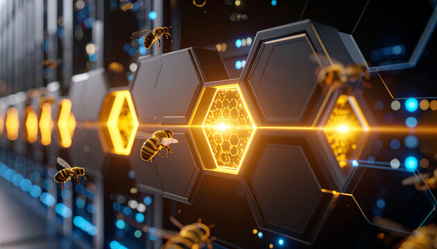 Blockchain Honeycomb Server Farm . Artificial Intelligence concept. Generated Image