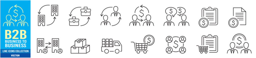 B2B icon set. Business to business. Editable stroke line icons collection. Vector illustration.
