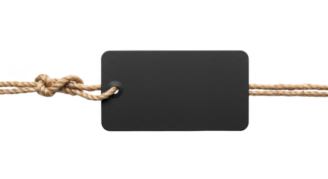 Isolated Black Tag on Rope Transparent Background Product Label