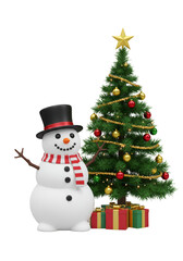 Isolated 3D Snowman with Christmas Tree Celebration and Decorations