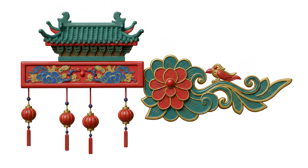 Illustration Oriental Decorative Ornament With Lantern on Transparent Backdrop