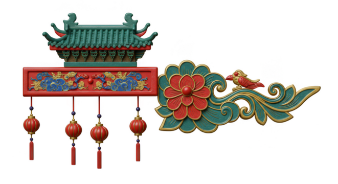 Illustration Oriental Decorative Ornament With Lantern on Transparent Backdrop