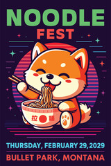 Cute shiba inu dog eating noodles cartoon design for noodle fest poster or asian food event flyer