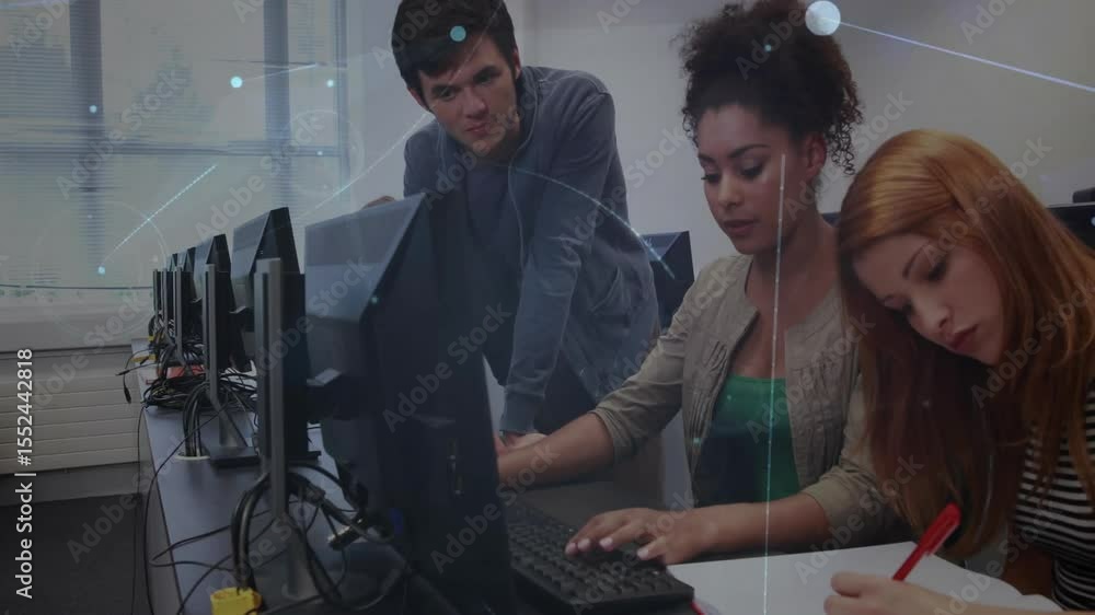Poster peer student pointing at screen, guiding pair coding and notes in computer lab via network graphics