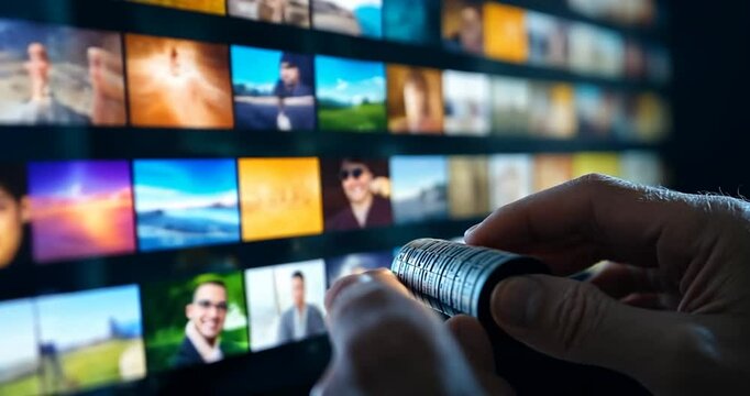 Human hands holding a roll against a blurred screen of various video thumbnails in a dark environment. The scene is illuminated by the screen's light