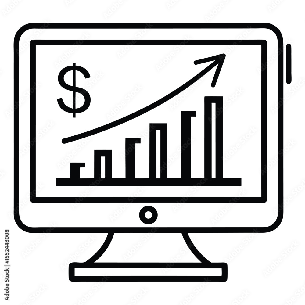 Poster simple black and white line art icon of a computer monitor displaying a graph