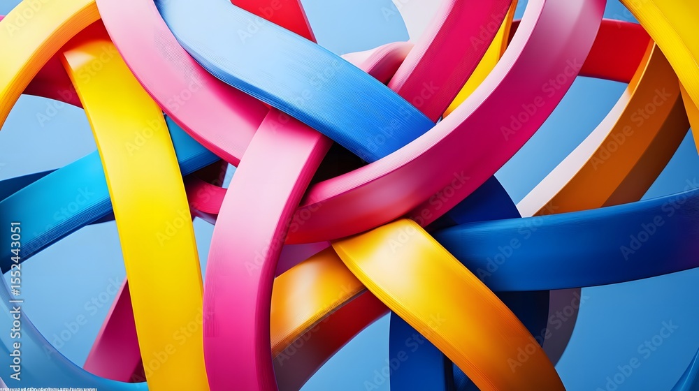 Poster a vibrant composition of intertwined colorful ribbons creating a dynamic and artistic abstract backg
