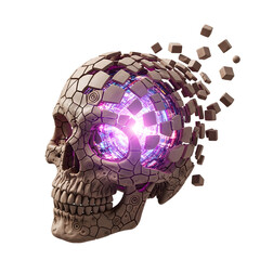 Skull with shattered fragments and glowing core against transparent background.