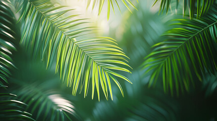 Obraz premium Tropical Palm Fronds: Sunlit branches creating a tranquil, verdant atmosphere. Nature's embrace.