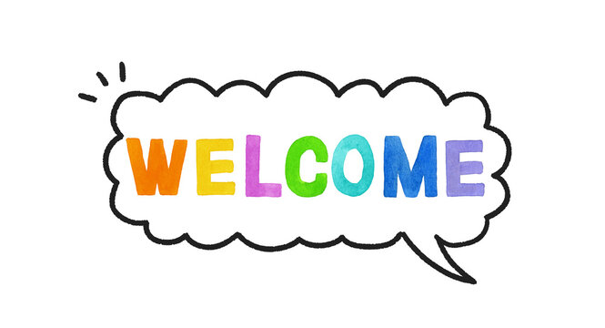 welcome（ウェルカム）のカラフルな手書き文字とフキダシ