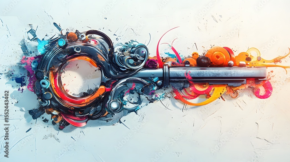Poster artistic representation of a gun adorned with colorful paint splatters creating a unique and eye-cat