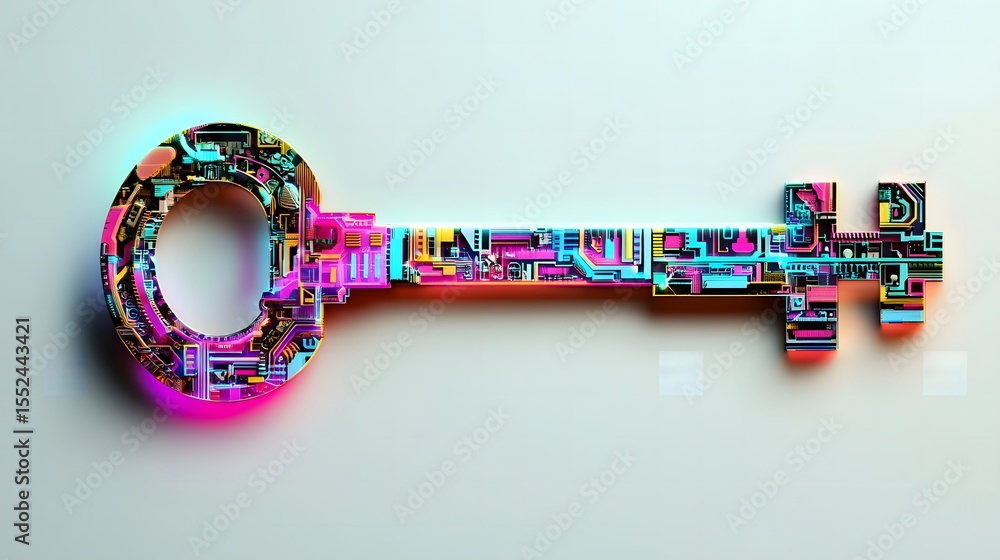 Poster colorful electronic components forming a unique key design in an abstract interpretation of traditio