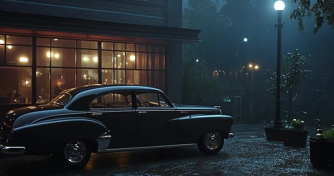 Video still of a classic black car parked on a rainy street beside a restaurant with warm interior lighting. The scene evokes a film noir atmosphere
