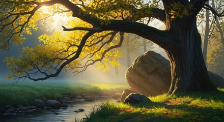 Majestic Oak Tree Overlooking a Serene Forest Stream Bathed in Golden Sunlight