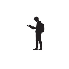 Vector art of student reading a book with backpack in silhouette, isolated on white background