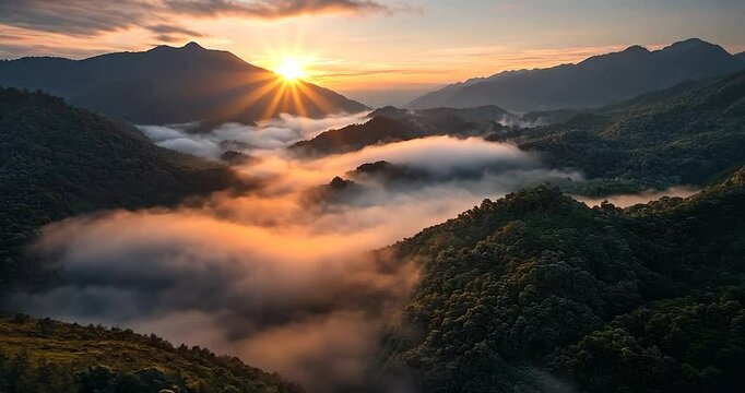 Aerial video shows a mountain range shrouded in early morning mist bathed in golden sunrise light