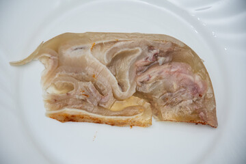 Pieces of pork prepared in Romania, Piftie, cold, drum -Sliced ​​pork meat products,...