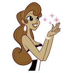 An animated woman with brown hair smiles, holding her hands open with pink stars sparkling above them, symbolizing magic, wonder, or an enchanting presentation.