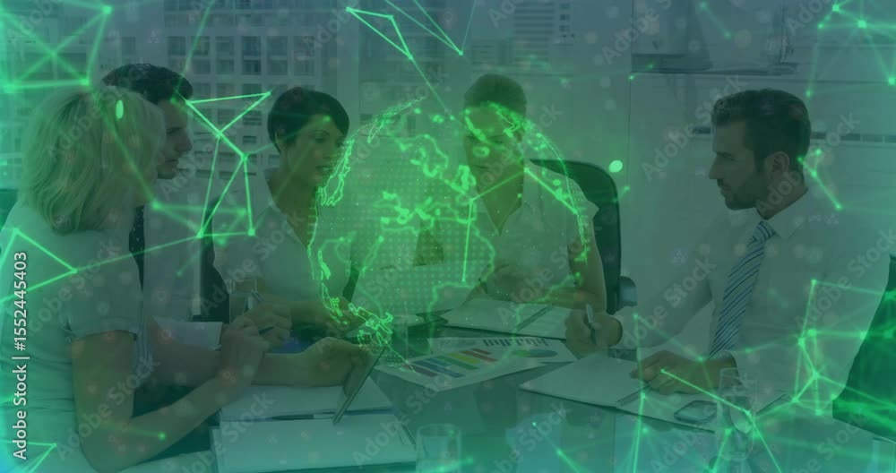 Poster as digital globe fading business team leaning on table tapping tablet for analyzing network data