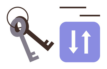 Two overlapping keys next to a purple square with up and down arrows denote concepts of access, transfer, security, and exchange. Ideal for technology, networking, data sharing, password management