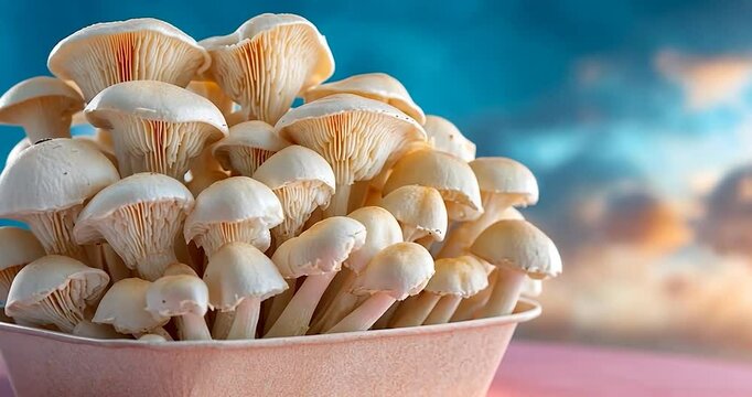 Close up shot of a group of white mushrooms in a cardboard container against a pink surface and a blurred sky background with orange and blue tones