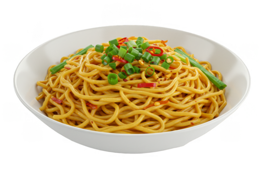 Isolated Delicious Spaghetti Noodles Dish with Green Onion and Chili