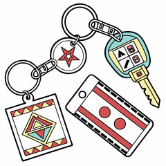 Collection of colorful keychains with geometric designs and a car key fob